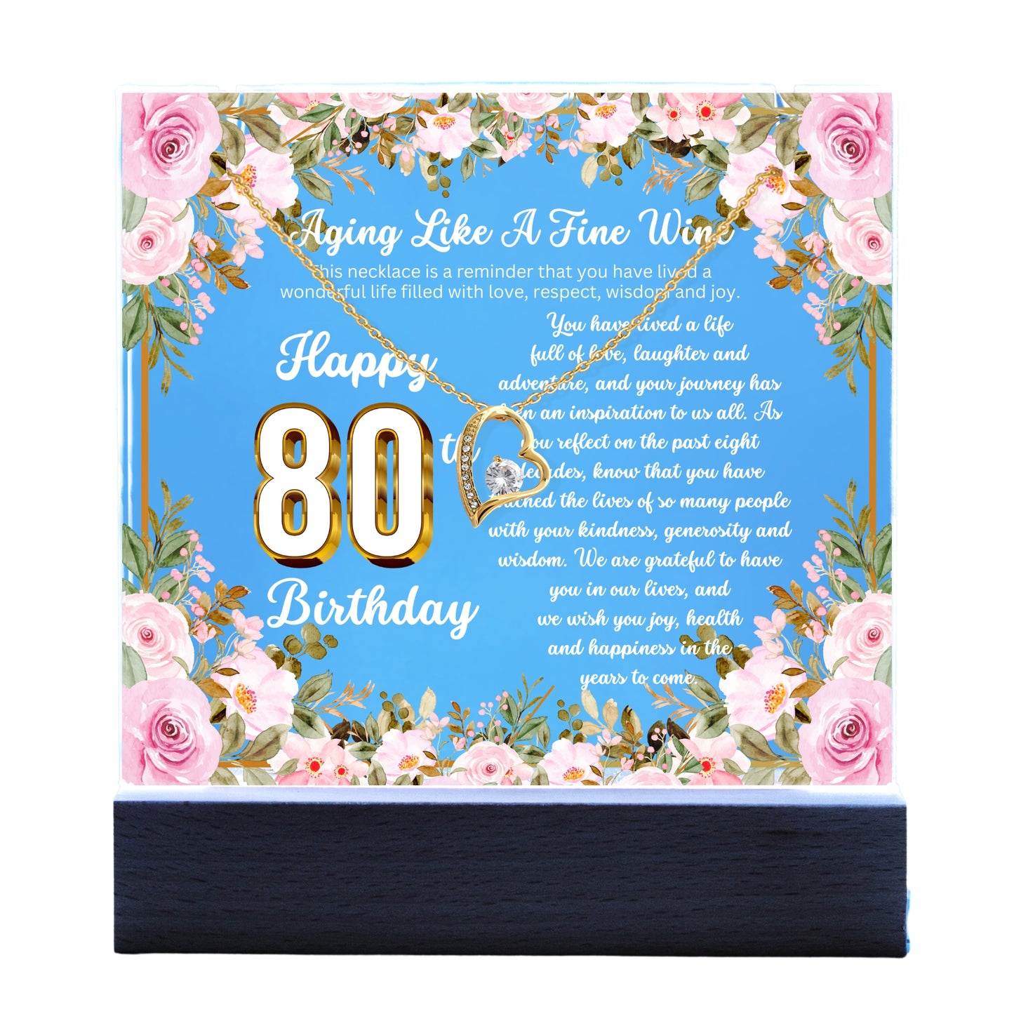 JGF Jewelry Gifts for Family Happy 80th Birthday Heart Necklace on Acrylic Plaque Gifts For Women Turning 80 Year Old