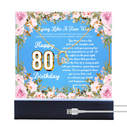 JGF Jewelry Gifts for Family Happy 80th Birthday Heart Necklace on Acrylic Plaque Gifts For Women Turning 80 Year Old