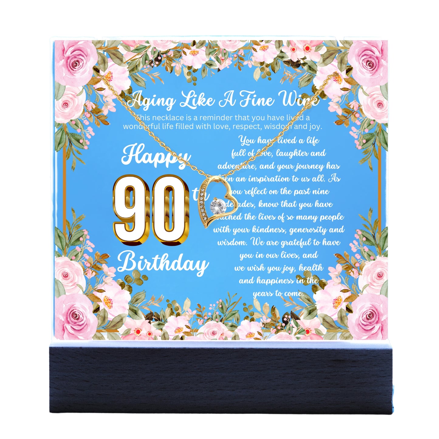 JGF Jewelry Gifts for Family Happy 90th Birthday Heart Necklace on Acrylic Plaque Gifts For Women Turning 90 Year Old