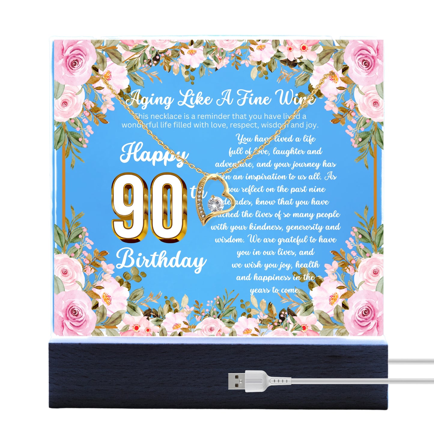 JGF Jewelry Gifts for Family Happy 90th Birthday Heart Necklace on Acrylic Plaque Gifts For Women Turning 90 Year Old