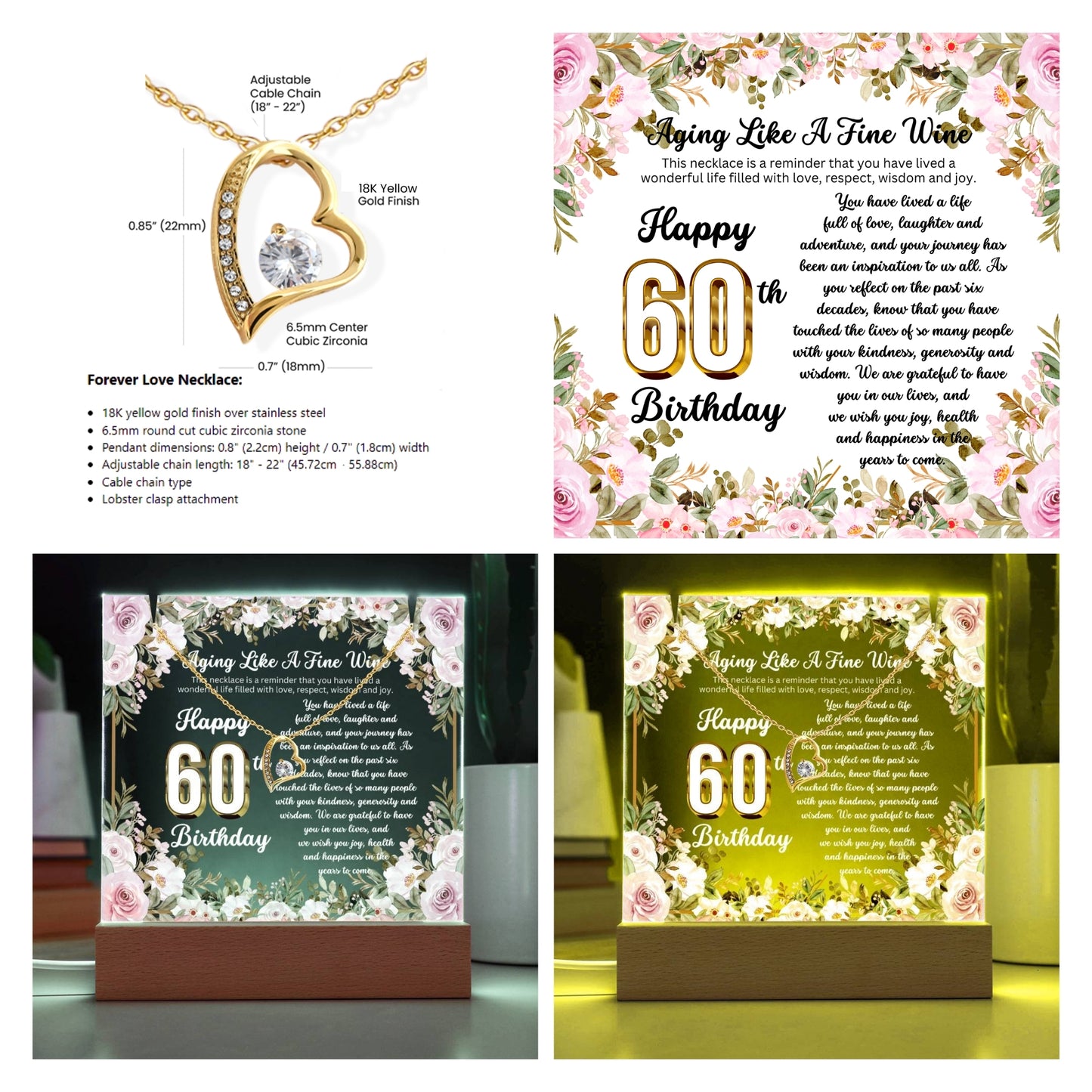 JGF Jewelry Gifts for Family Happy 60th Birthday Heart Necklace on Acrylic Plaque Gifts For Women Turning 60 Year Old