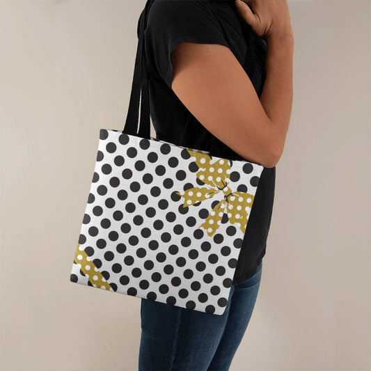 JGF Tote Bag White with Black Polka Dots and Gold Ribbon