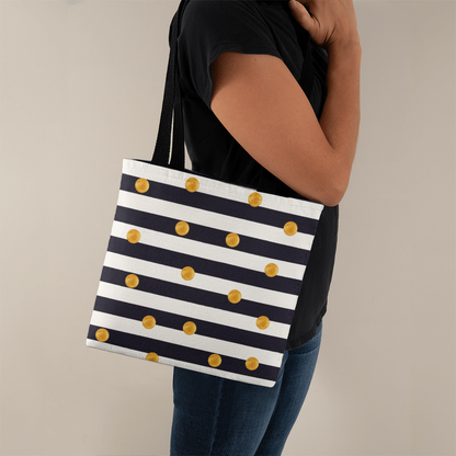 JGF Tote Bag Black and White Stripes with Gold Dots