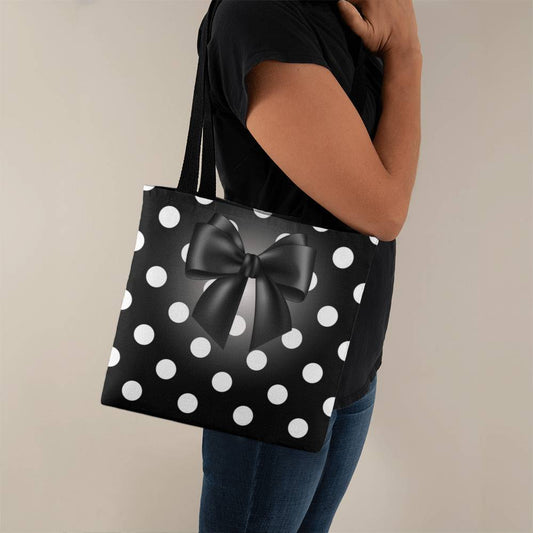 JGF Tote Bag Polka Black with White Dots with Black Ribbon