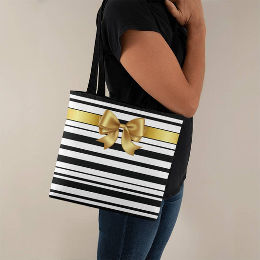 JGF Tote Bag Black and White Stripes with Gold Ribbon