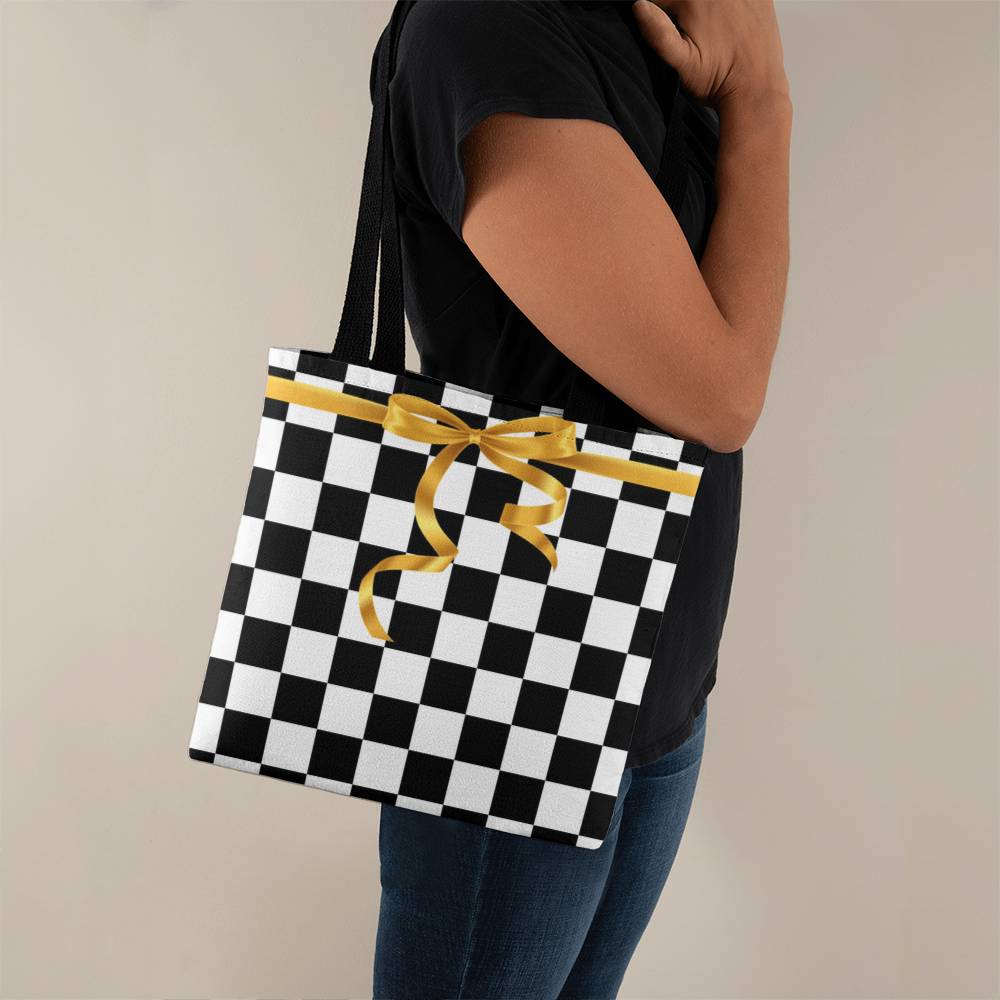 JGF Tote Bag Black and White Square with Gold Ribbon