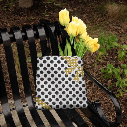 JGF Tote Bag White with Black Polka Dots and Gold Ribbon