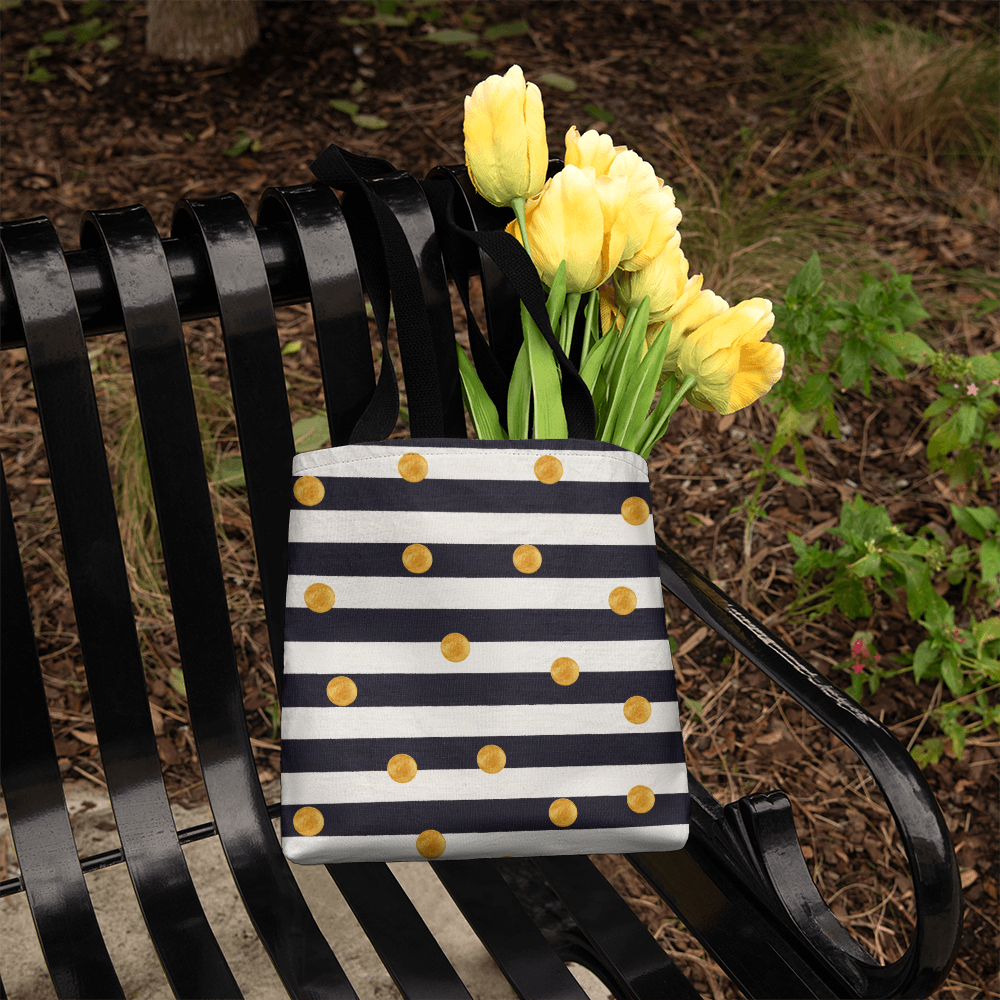 JGF Tote Bag Black and White Stripes with Gold Dots