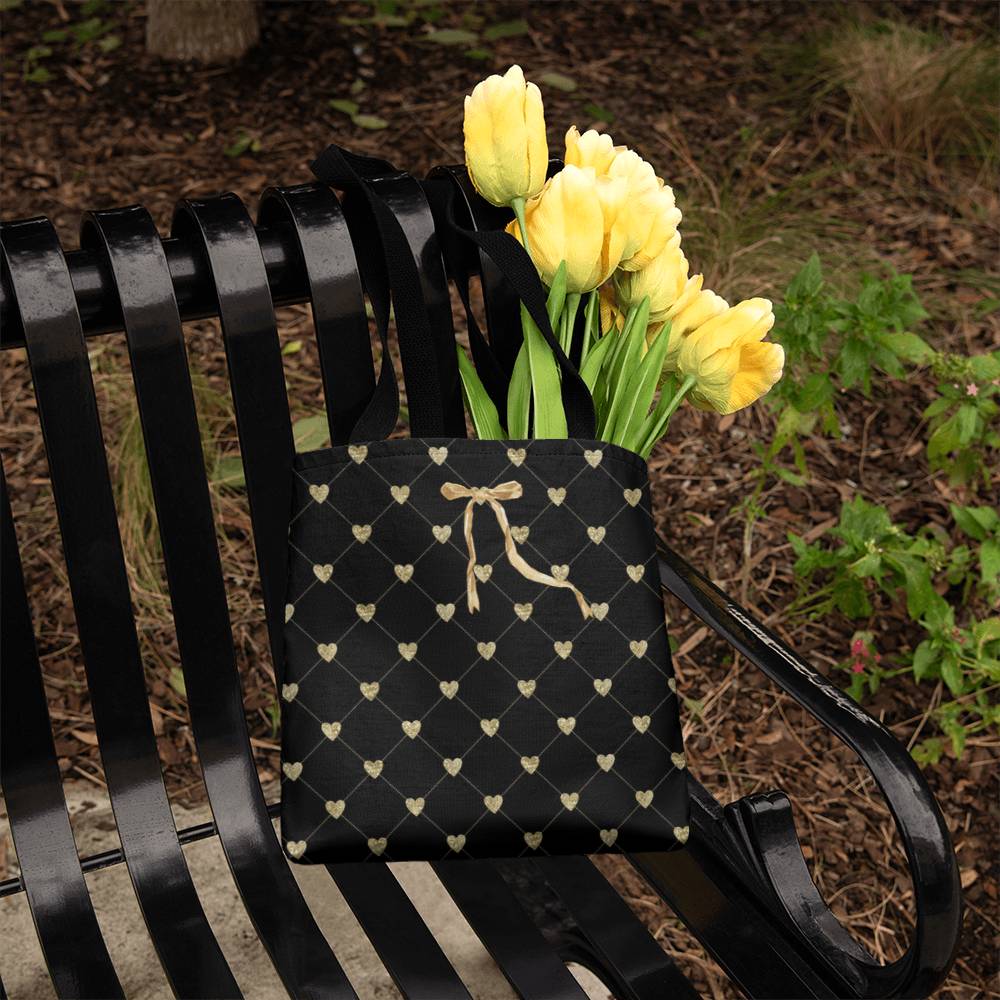 JGF Tote Bag Black with Gold Heart and Ribbon