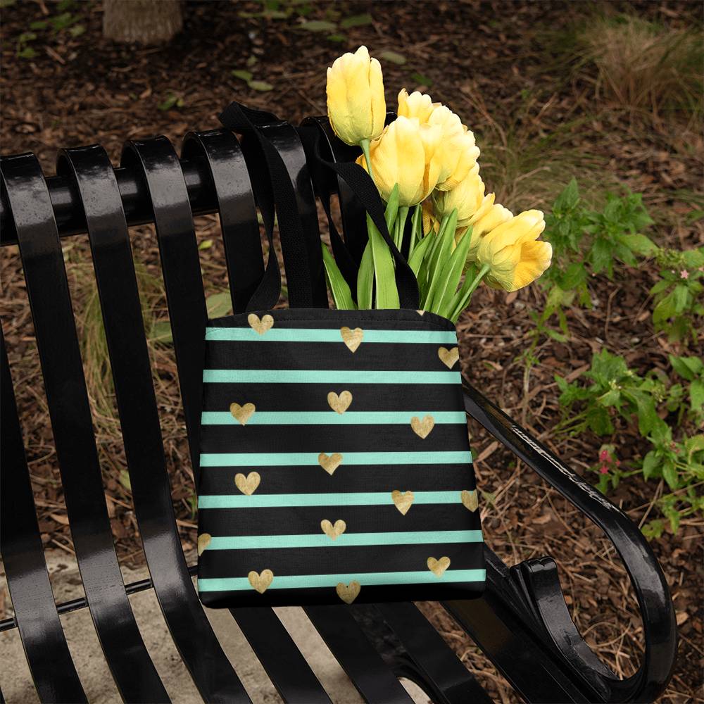 JGF Tote Bag Green Stripes with Gold Heart