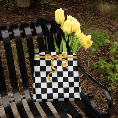 JGF Tote Bag Black and White Square with Gold Ribbon