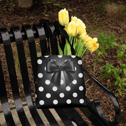 JGF Tote Bag Polka Black with White Dots with Black Ribbon