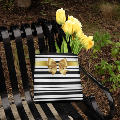 JGF Tote Bag Black and White Stripes with Gold Ribbon