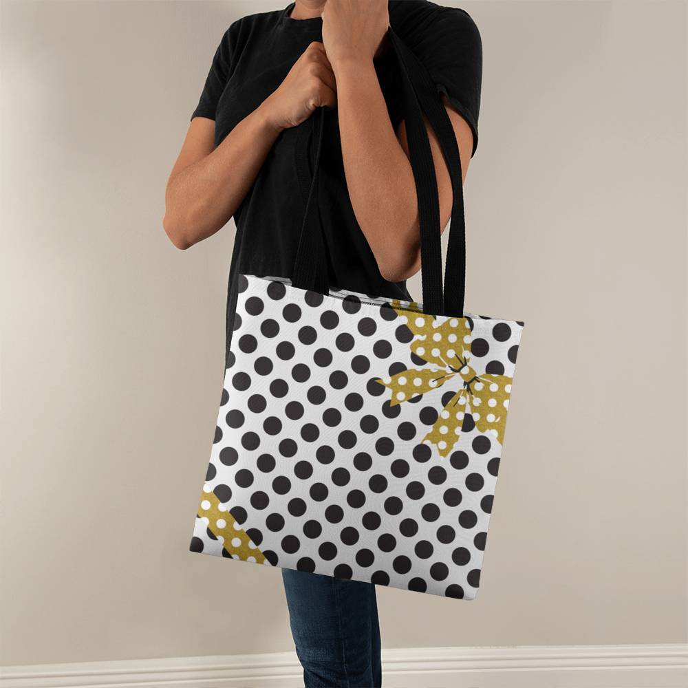 JGF Tote Bag White with Black Polka Dots and Gold Ribbon