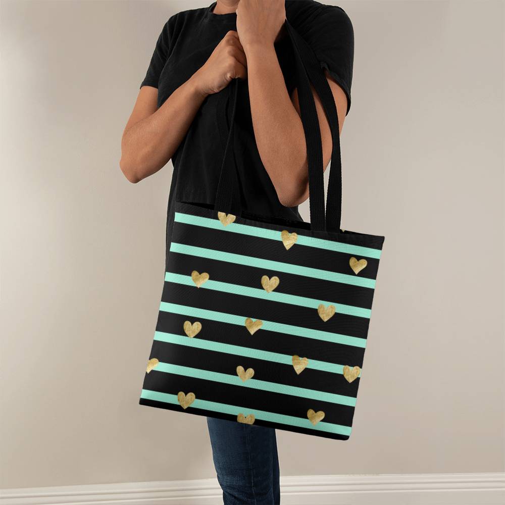 JGF Tote Bag Green Stripes with Gold Heart