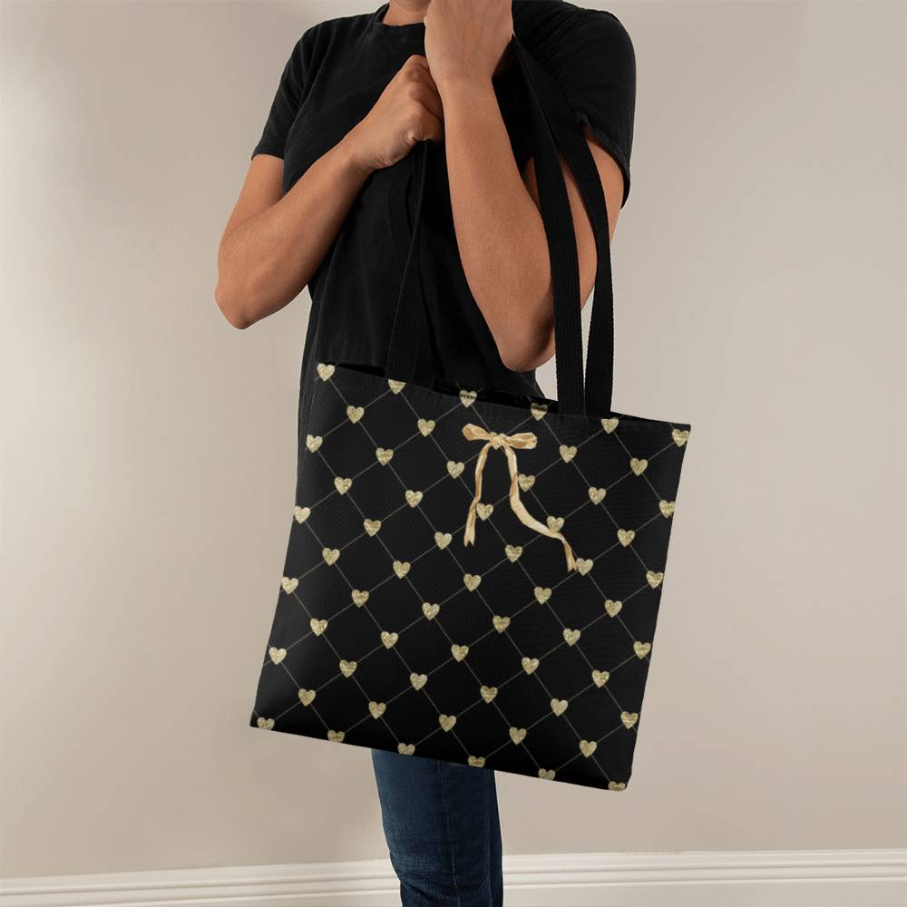 JGF Tote Bag Black with Gold Heart and Ribbon