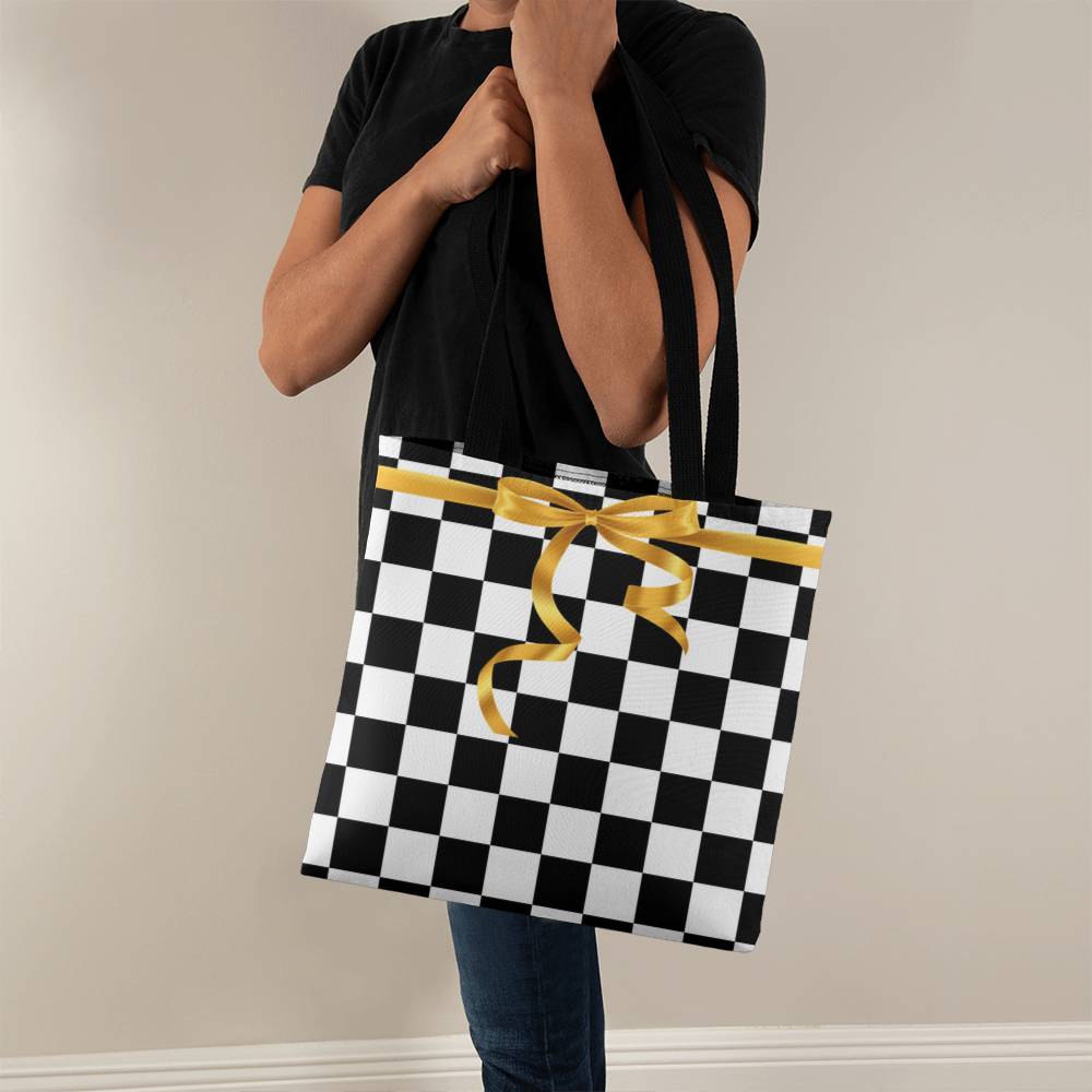 JGF Tote Bag Black and White Square with Gold Ribbon