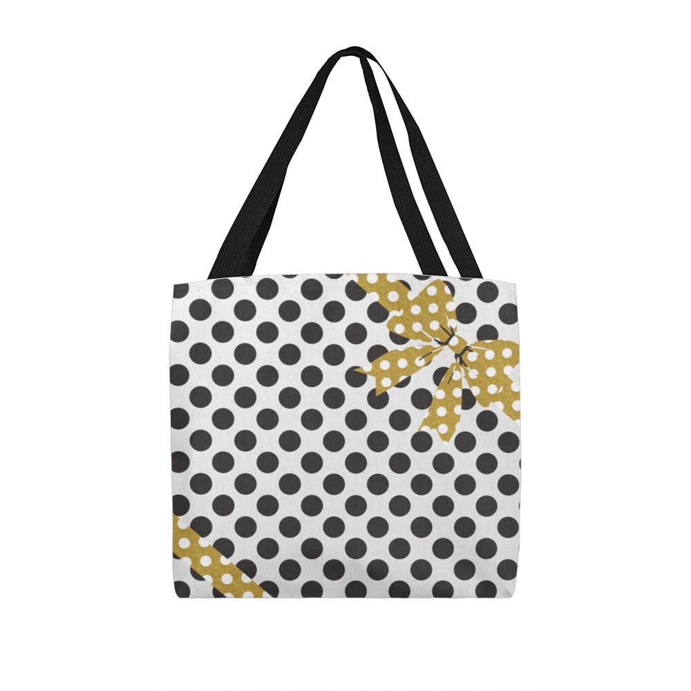 JGF Tote Bag White with Black Polka Dots and Gold Ribbon