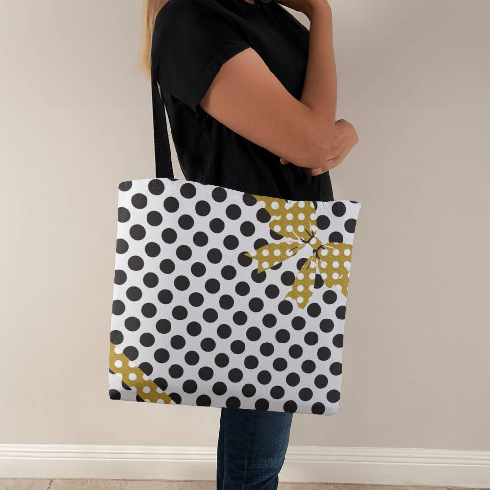 JGF Tote Bag White with Black Polka Dots and Gold Ribbon