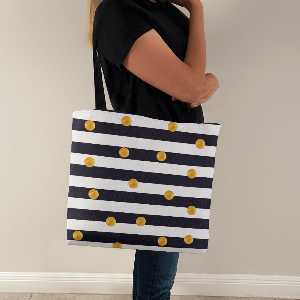 JGF Tote Bag Black and White Stripes with Gold Dots