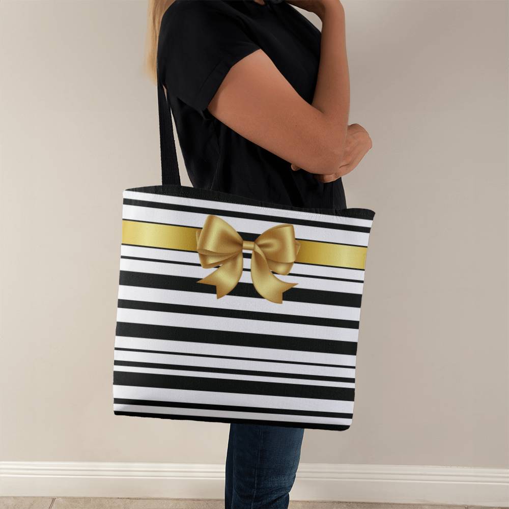 JGF Tote Bag Black and White Stripes with Gold Ribbon