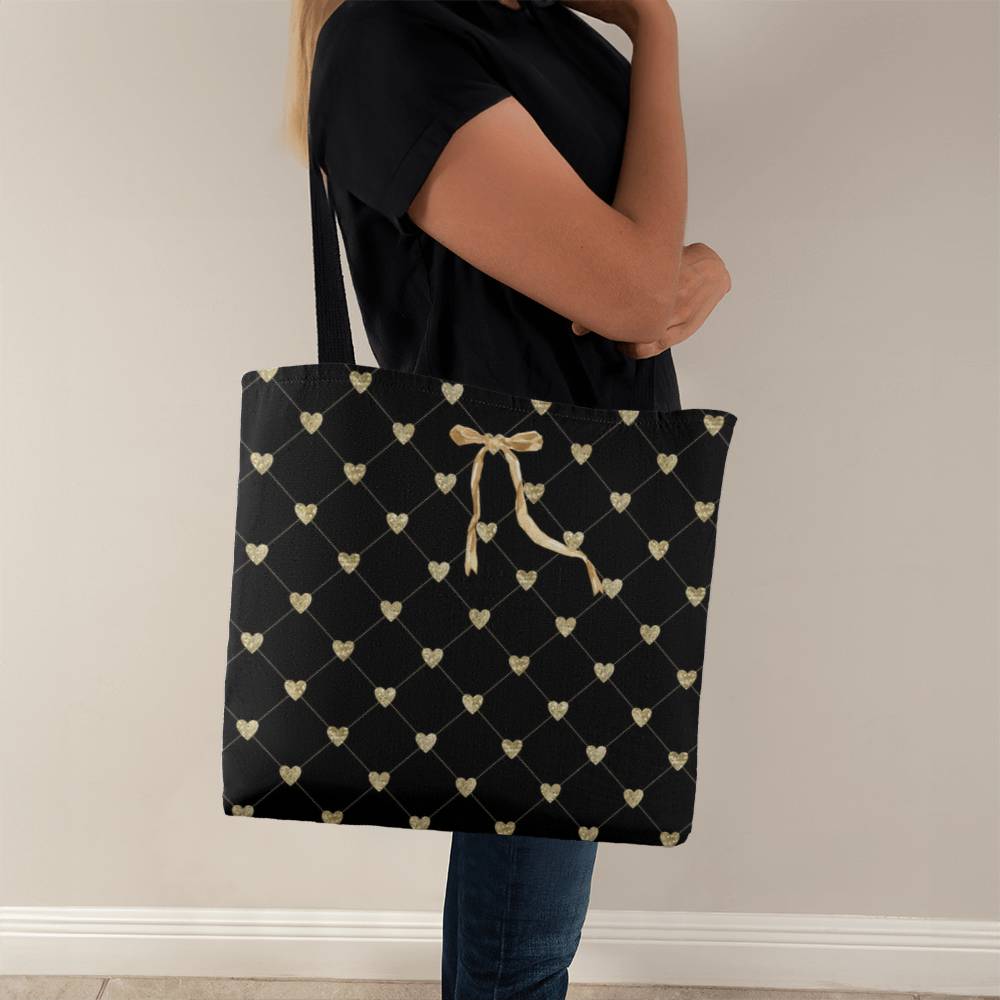 JGF Tote Bag Black with Gold Heart and Ribbon