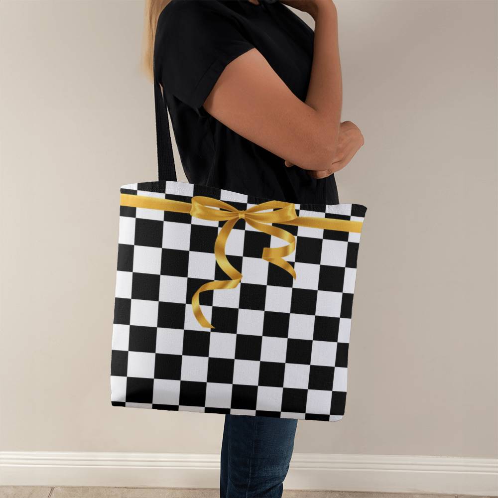 JGF Tote Bag Black and White Square with Gold Ribbon