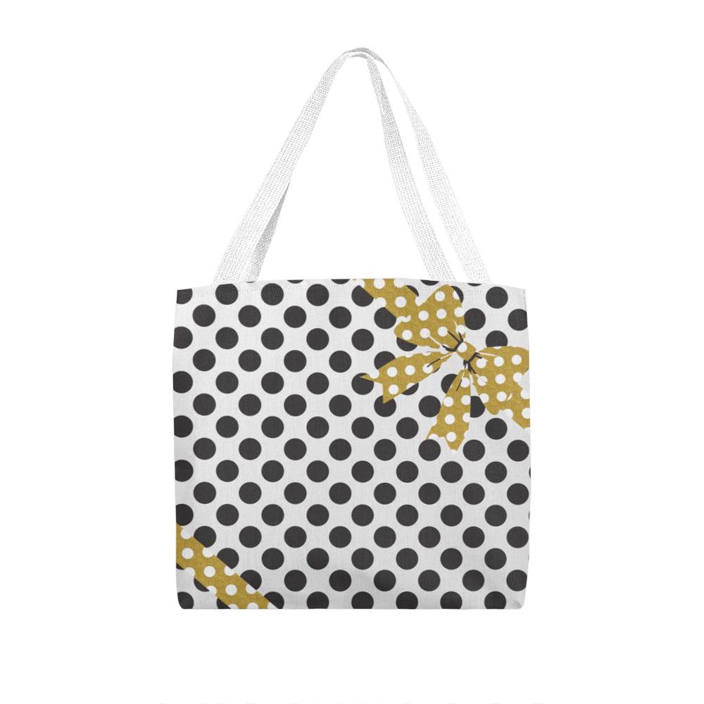 JGF Tote Bag White with Black Polka Dots and Gold Ribbon