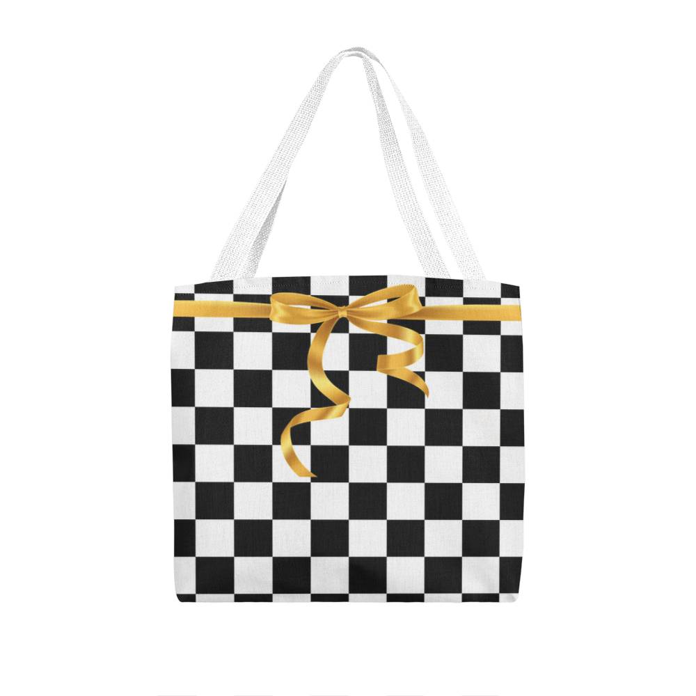 JGF Tote Bag Black and White Square with Gold Ribbon