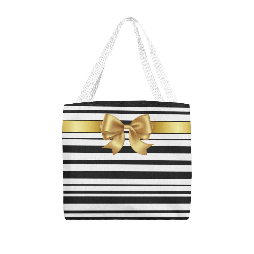 JGF Tote Bag Black and White Stripes with Gold Ribbon