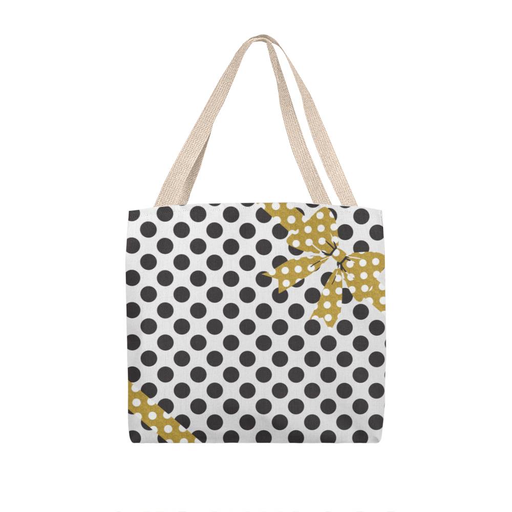 JGF Tote Bag White with Black Polka Dots and Gold Ribbon