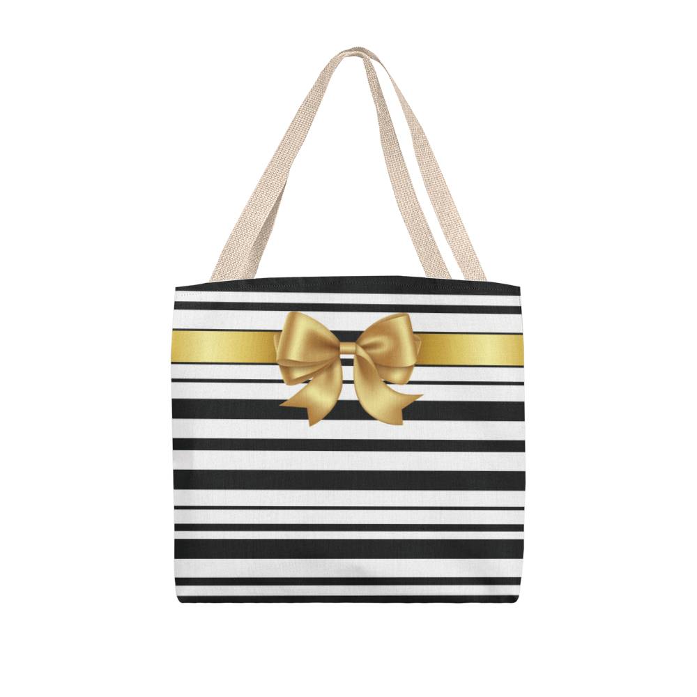 JGF Tote Bag Black and White Stripes with Gold Ribbon