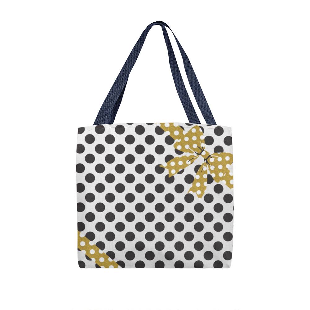 JGF Tote Bag White with Black Polka Dots and Gold Ribbon