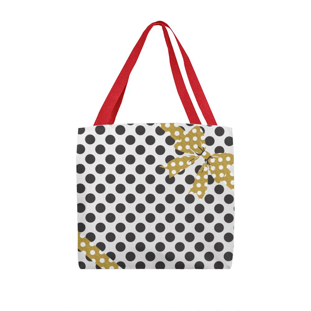 JGF Tote Bag White with Black Polka Dots and Gold Ribbon