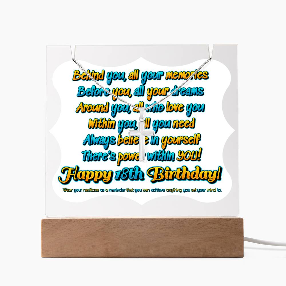 JGF Jewelry Gifts For Family Happy 18th Birthday Cross Necklace on Acrylic Plaque Gifts For Boys And Girls Turning 18 Year Old