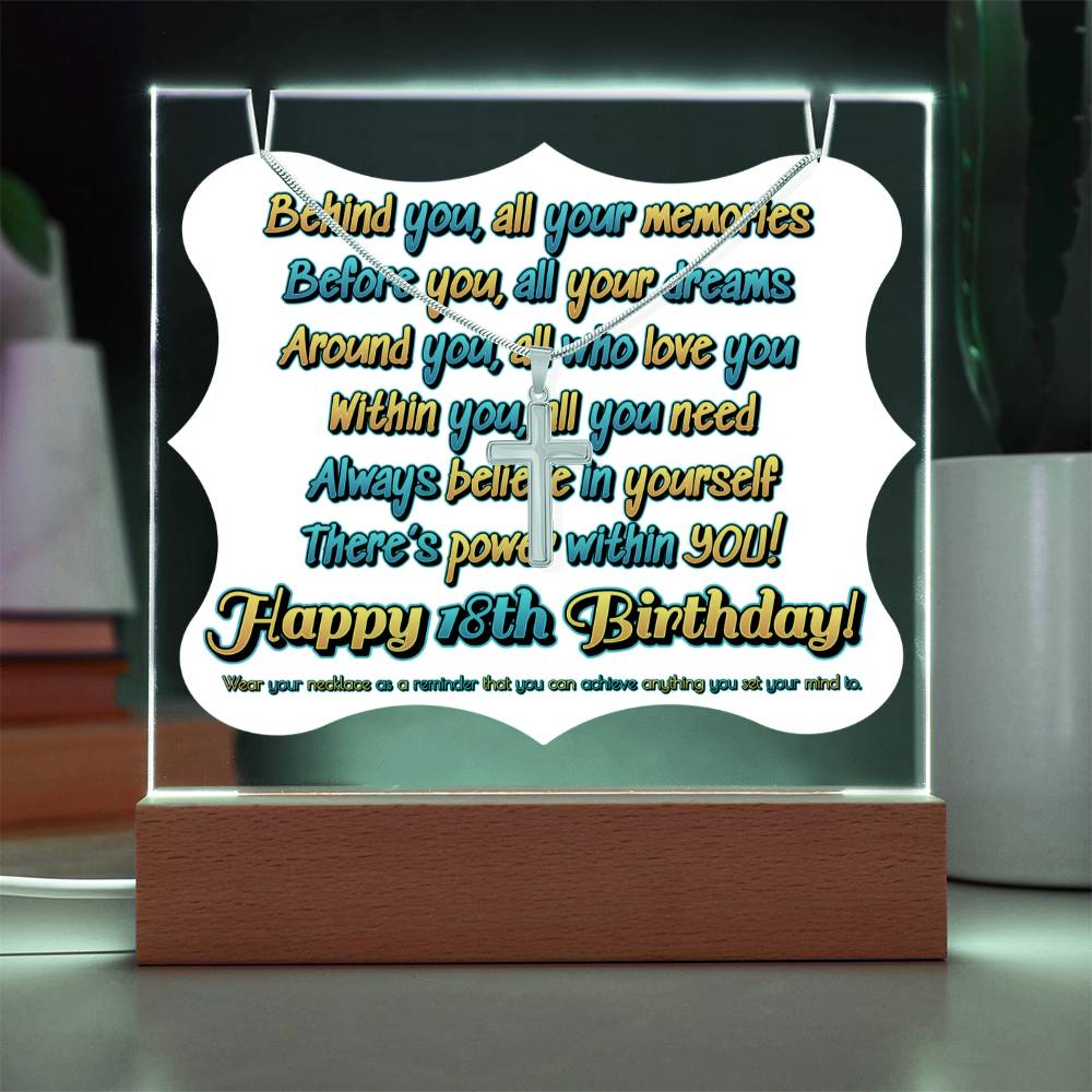 JGF Jewelry Gifts For Family Happy 18th Birthday Cross Necklace on Acrylic Plaque Gifts For Boys And Girls Turning 18 Year Old