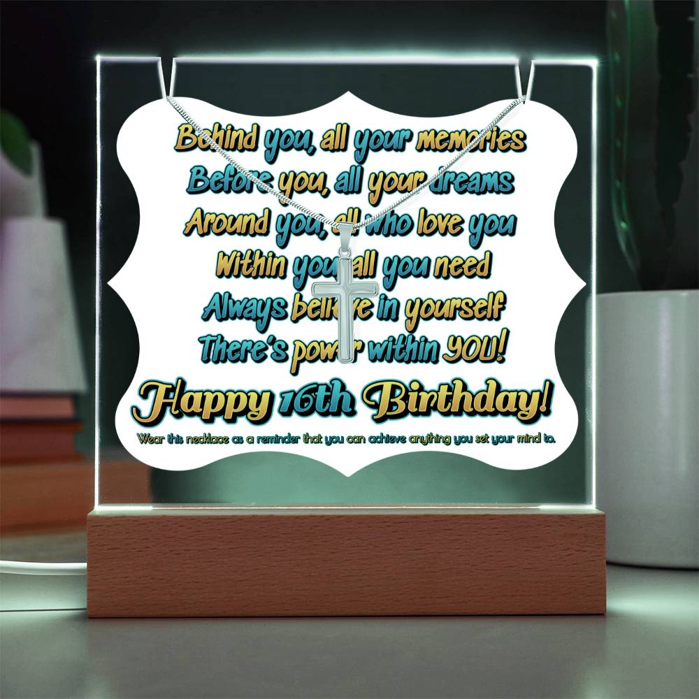 JGF Jewelry Gifts For Family Happy 16th Birthday Acrylic Plaque with Necklace Gifts For Boys And Girls Turning Sweet 16 Year Old