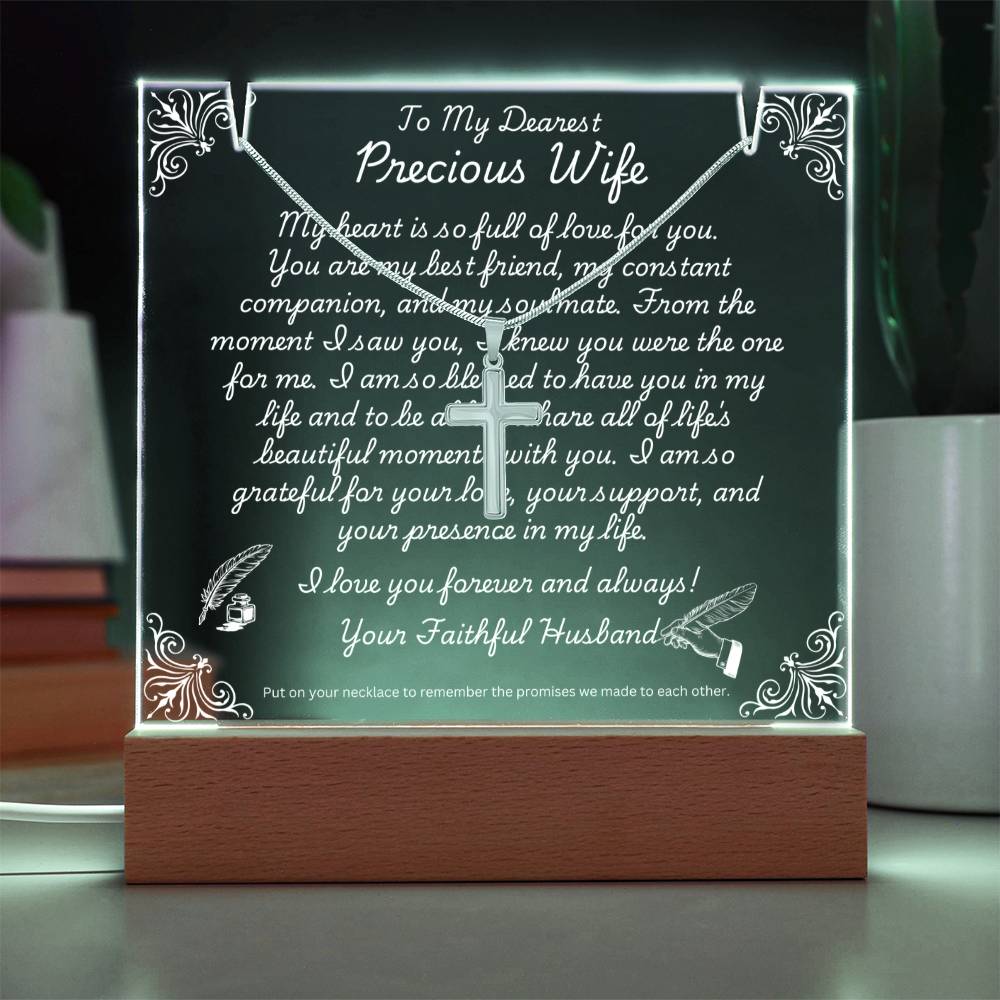 JGF Jewelry Gifts For Family To My Precious Wife Cross Silver Necklace on Acrylic Plaque Gifts For Women