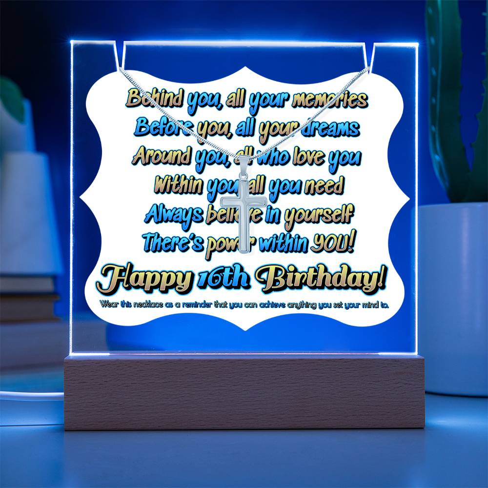 JGF Jewelry Gifts For Family Happy 16th Birthday Acrylic Plaque with Necklace Gifts For Boys And Girls Turning Sweet 16 Year Old