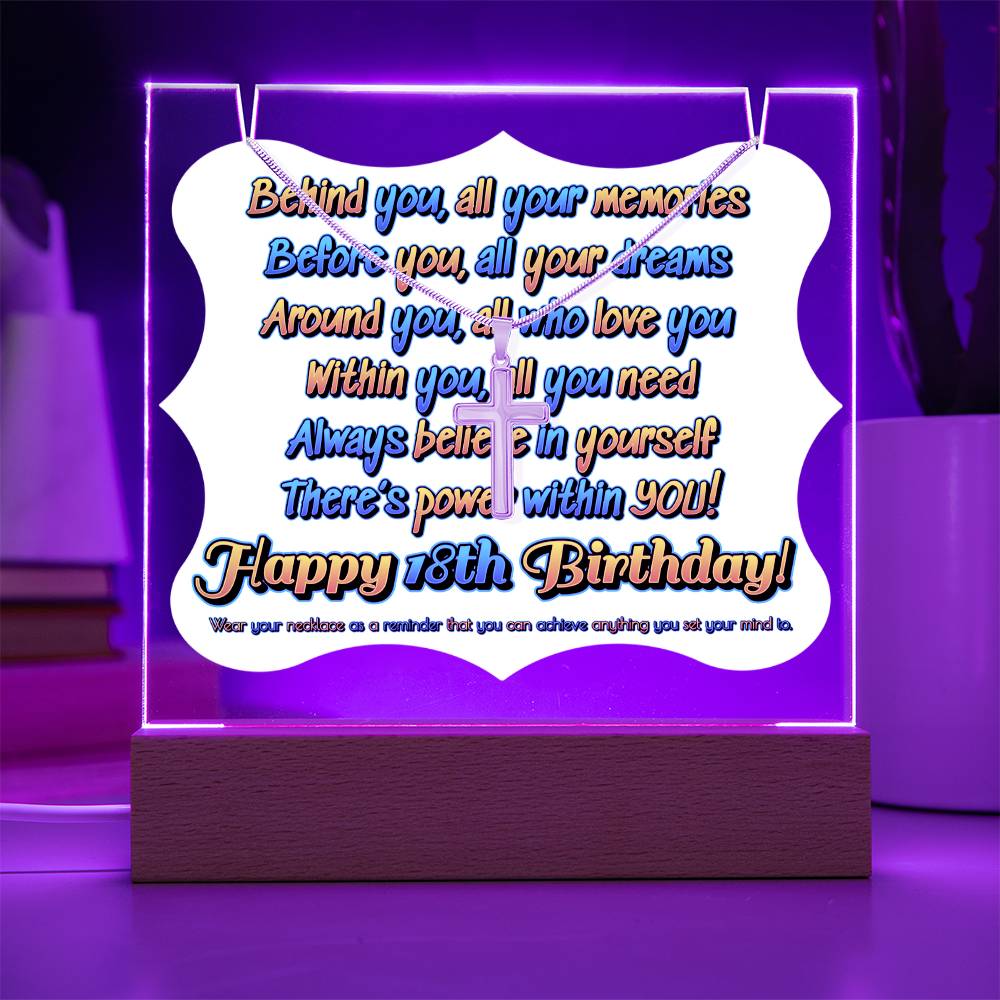 JGF Jewelry Gifts For Family Happy 18th Birthday Cross Necklace on Acrylic Plaque Gifts For Boys And Girls Turning 18 Year Old