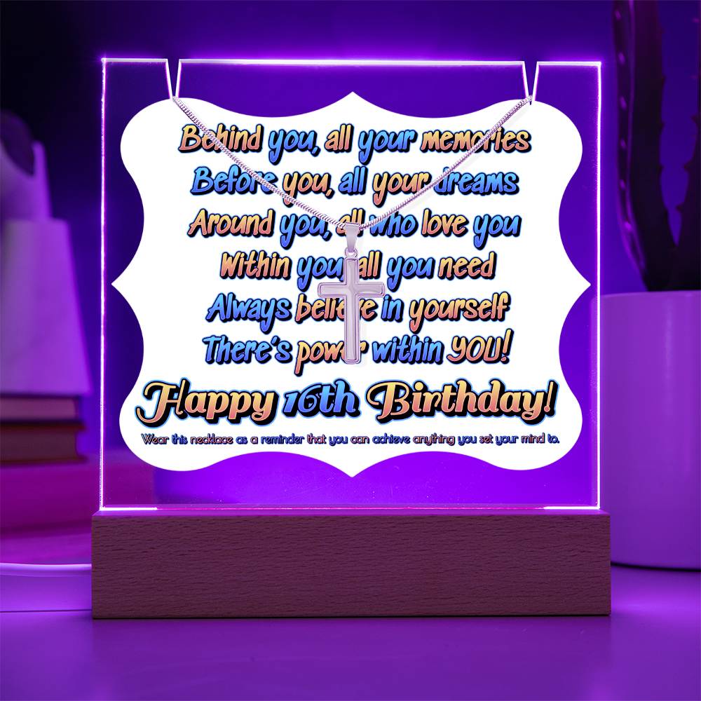 JGF Jewelry Gifts For Family Happy 16th Birthday Acrylic Plaque with Necklace Gifts For Boys And Girls Turning Sweet 16 Year Old