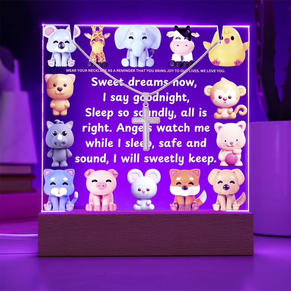 JGF Jewelry Gifts For Family Cross Necklace on Acrylic Plaque LED Kids Night Lamp For Bedroom Boys