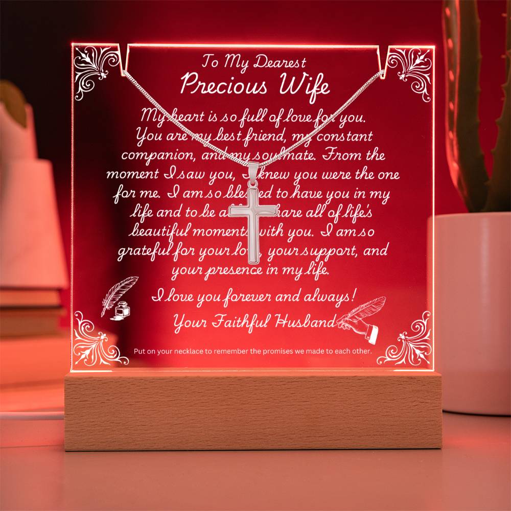 JGF Jewelry Gifts For Family To My Precious Wife Cross Silver Necklace on Acrylic Plaque Gifts For Women