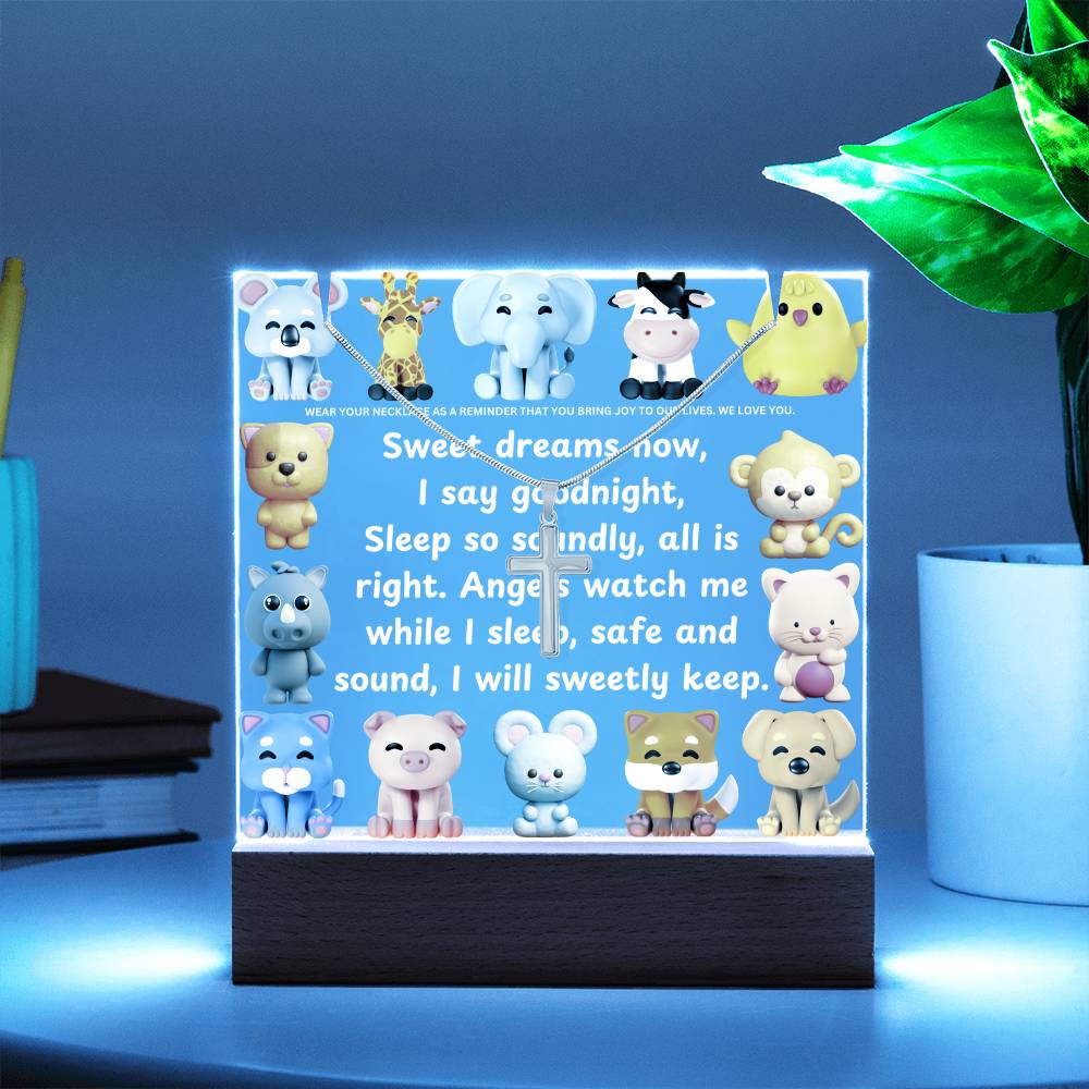 JGF Jewelry Gifts For Family Cross Necklace on Acrylic Plaque LED Kids Night Lamp For Bedroom Boys