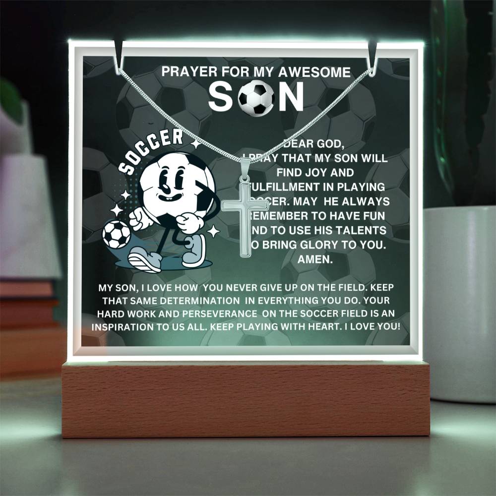 JGF Jewelry Gifts For Family Acrylic Sign Plaque Decor Soccer Prayer For My Son with Silver Cross Necklace For Kids Boys