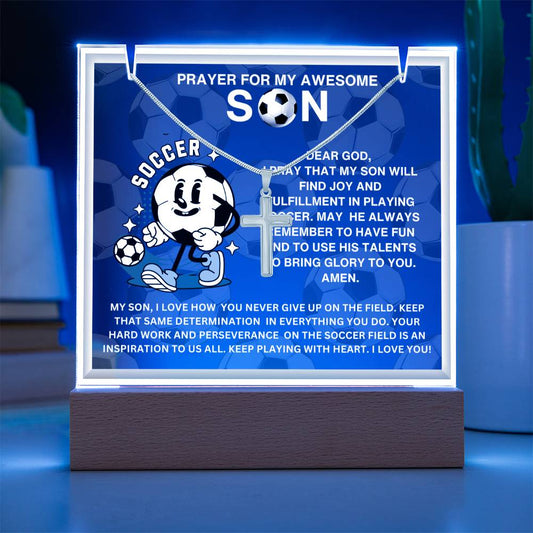 JGF Jewelry Gifts For Family Acrylic Sign Plaque Decor Soccer Prayer For My Son with Silver Cross Necklace For Kids Boys