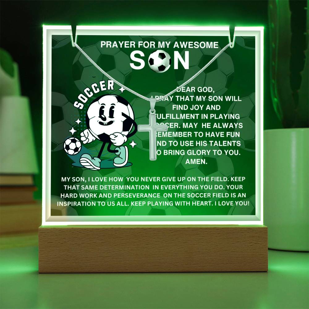 JGF Jewelry Gifts For Family Acrylic Sign Plaque Decor Soccer Prayer For My Son with Silver Cross Necklace For Kids Boys