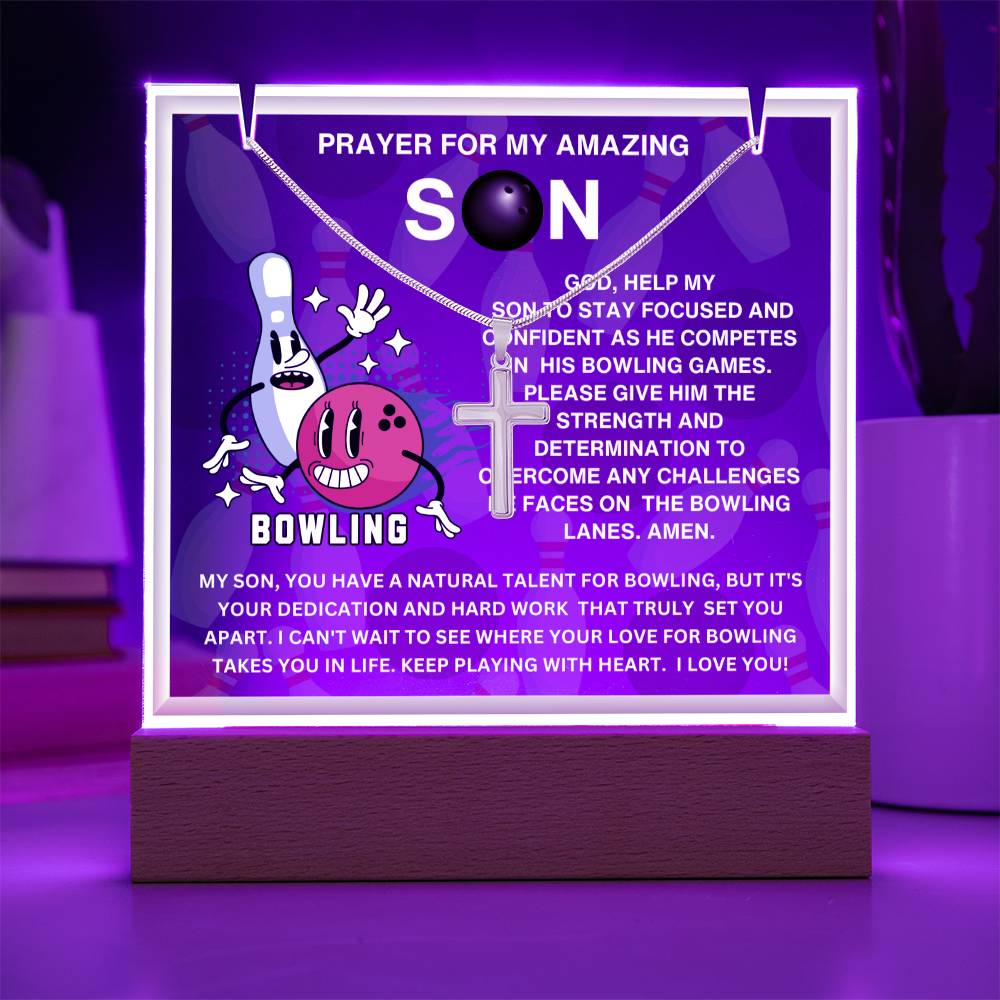 JGF Jewelry Gifts For Family Acrylic Sign Plaque Decor Bowling Prayer For My Son with Silver Cross Necklace For Kids Boys