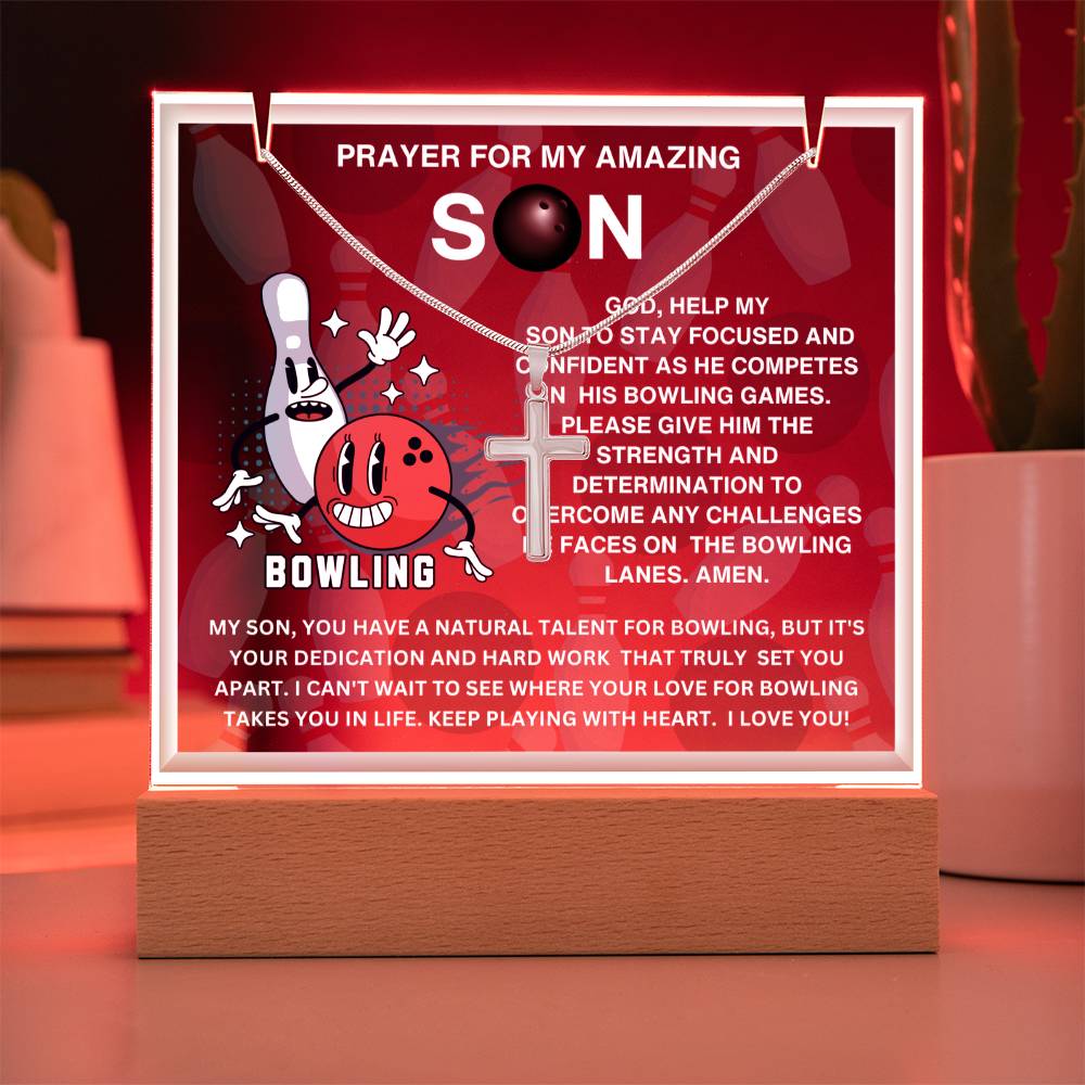 JGF Jewelry Gifts For Family Acrylic Sign Plaque Decor Bowling Prayer For My Son with Silver Cross Necklace For Kids Boys