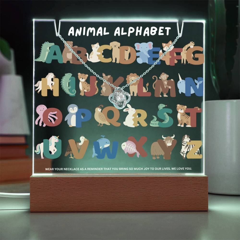 JGF Jewelry Gifts For Family Learn Animal Alphabet A to Z Acrylic Plaque and Necklace Bundle